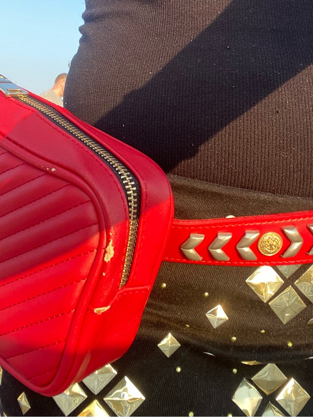 Red Quilted Women's Belt Bag aka a Fanny pack.
